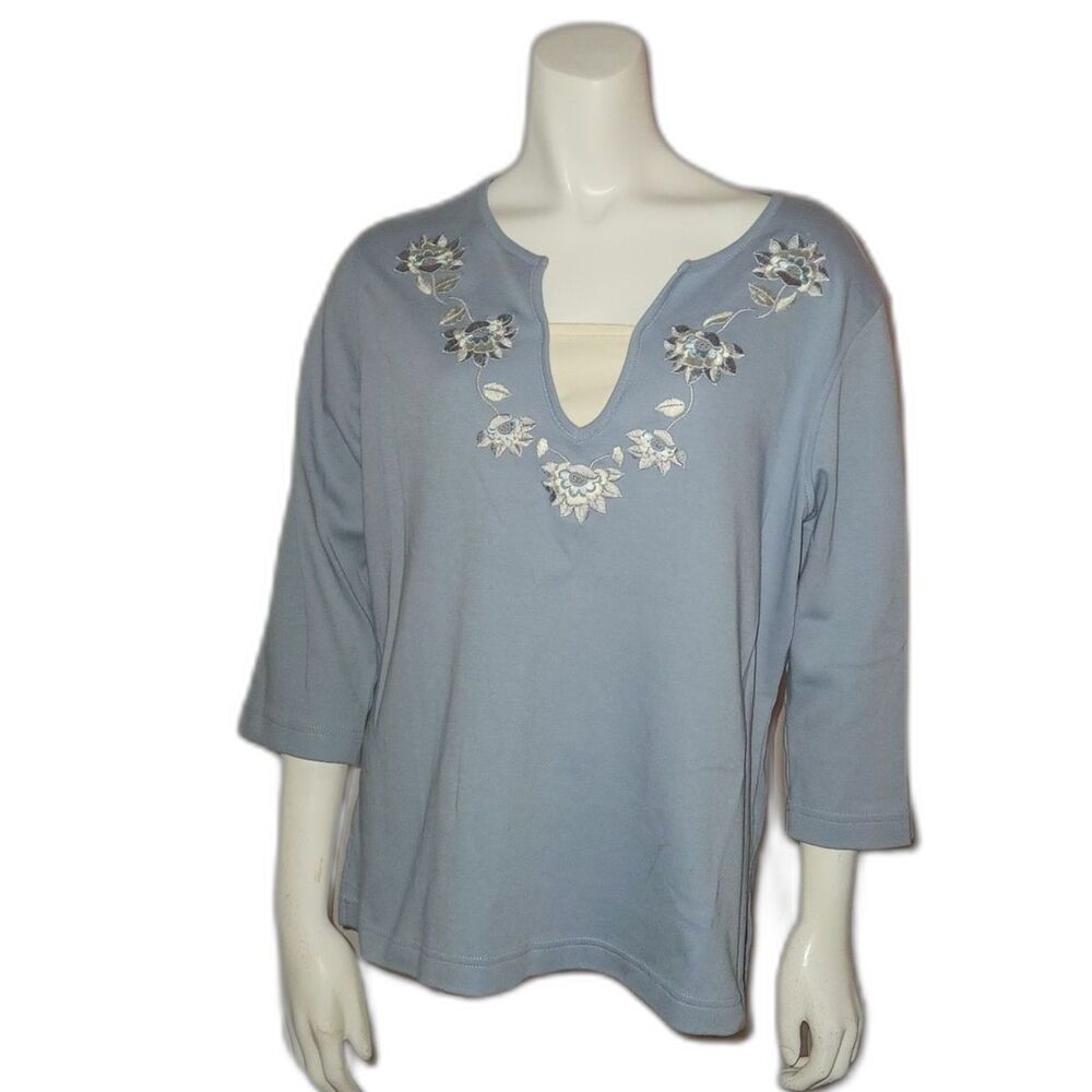 Classic Elements Blue Silver Embroided Neckline Jersey Top Womens Size LP